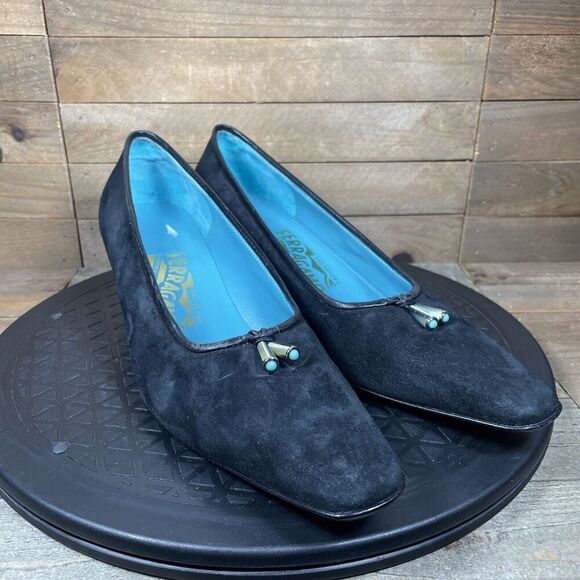 SALVATORE FERRAGAMO Womens Size 7 B Low Heels Pumps Suede Black Turquoise - Picture 1 of 12